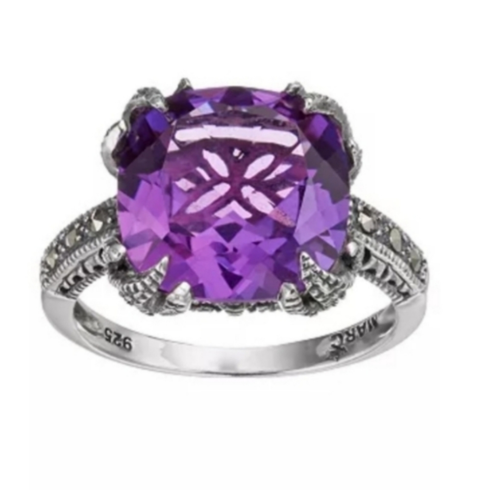 Cushion-cut, lab-created amethyst stone accentuated marcasite & milgrain detail - Picture 3 of 9